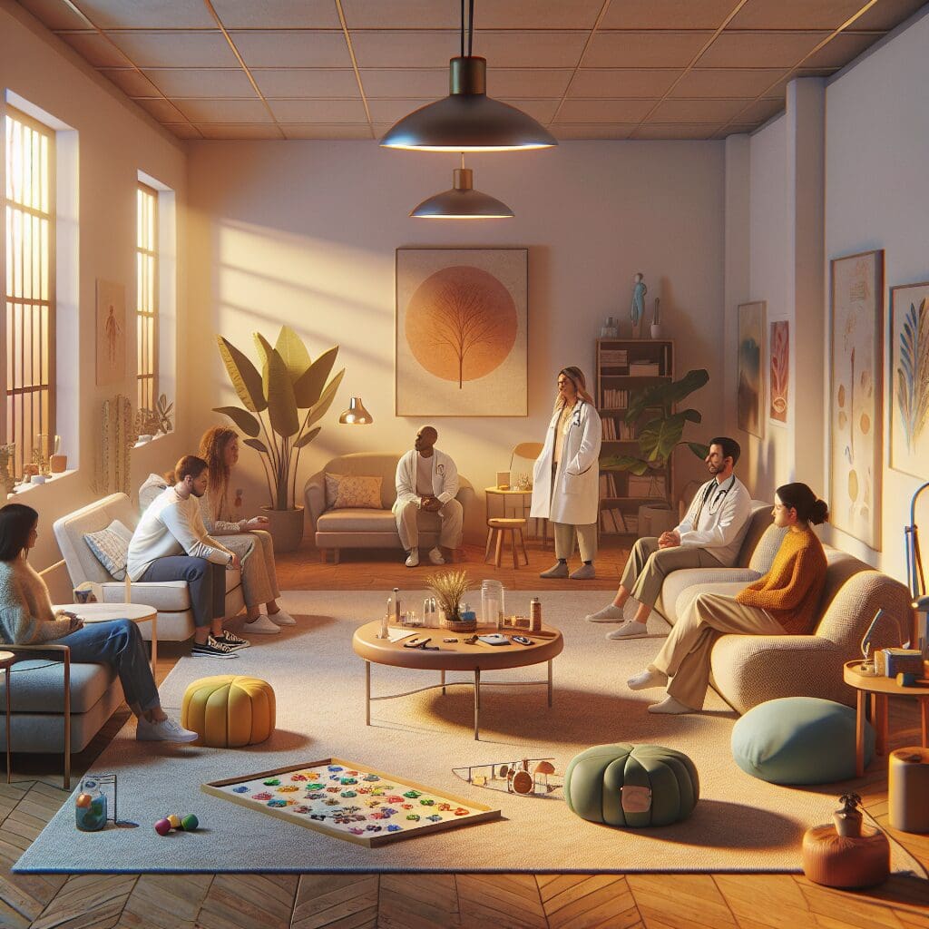 a group of people sitting around a living room discussing mental health support in New Jersey