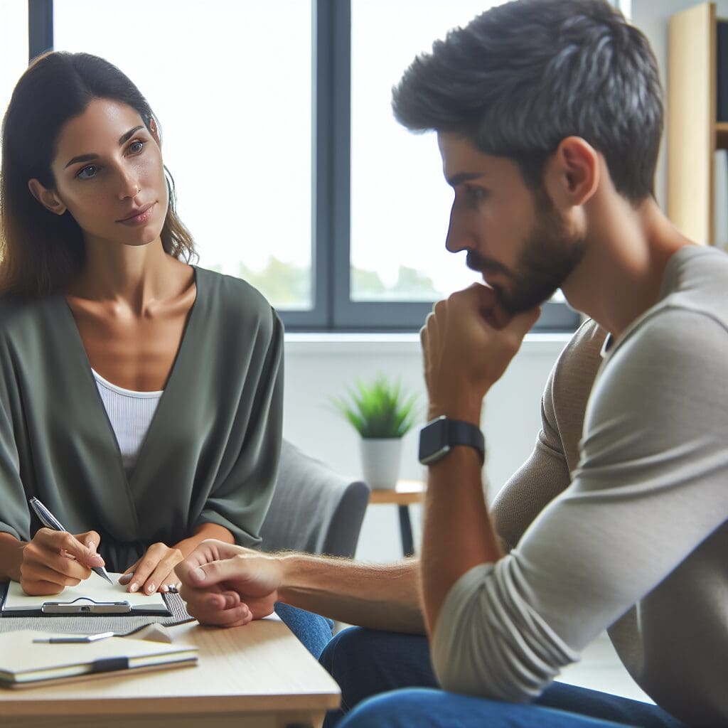 a man and a woman sitting at a table discussing mental health support in New Jersey