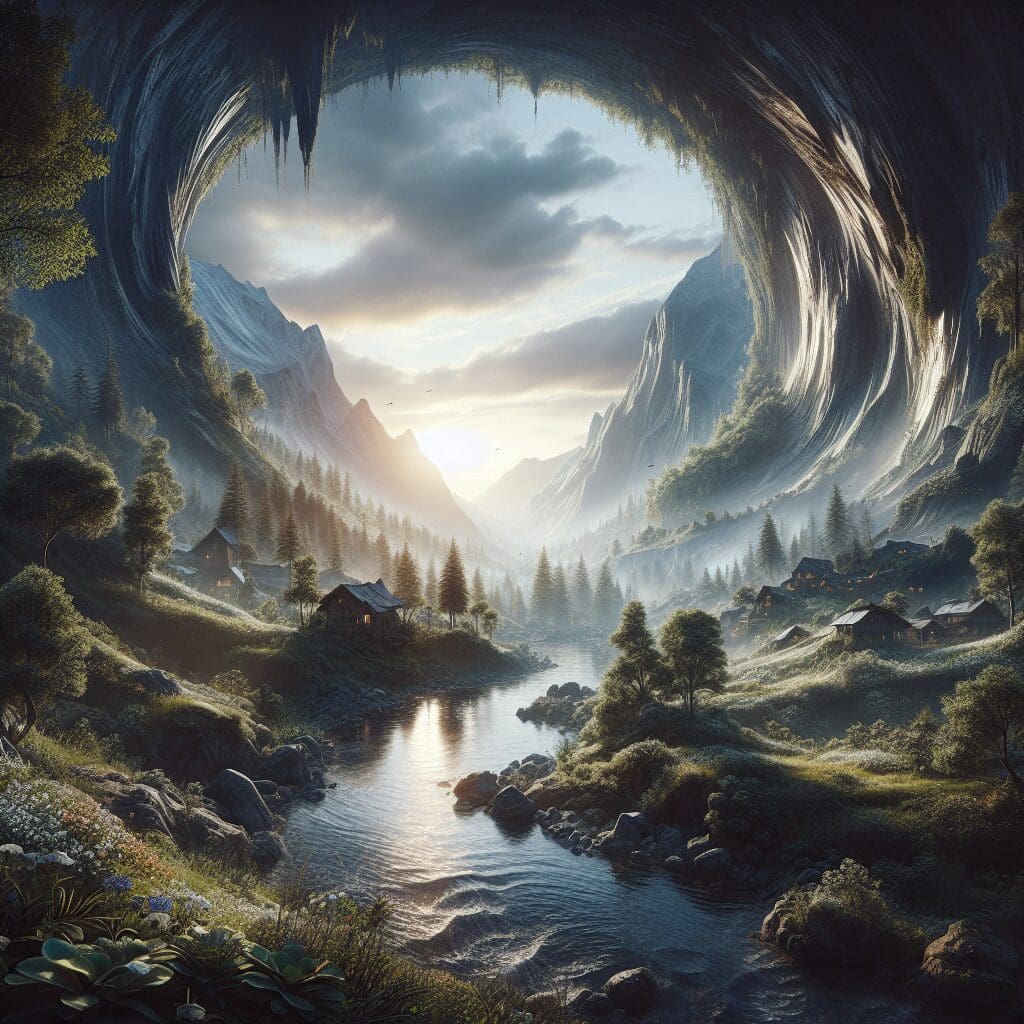 a painting of a cave with a lake in the middle of it