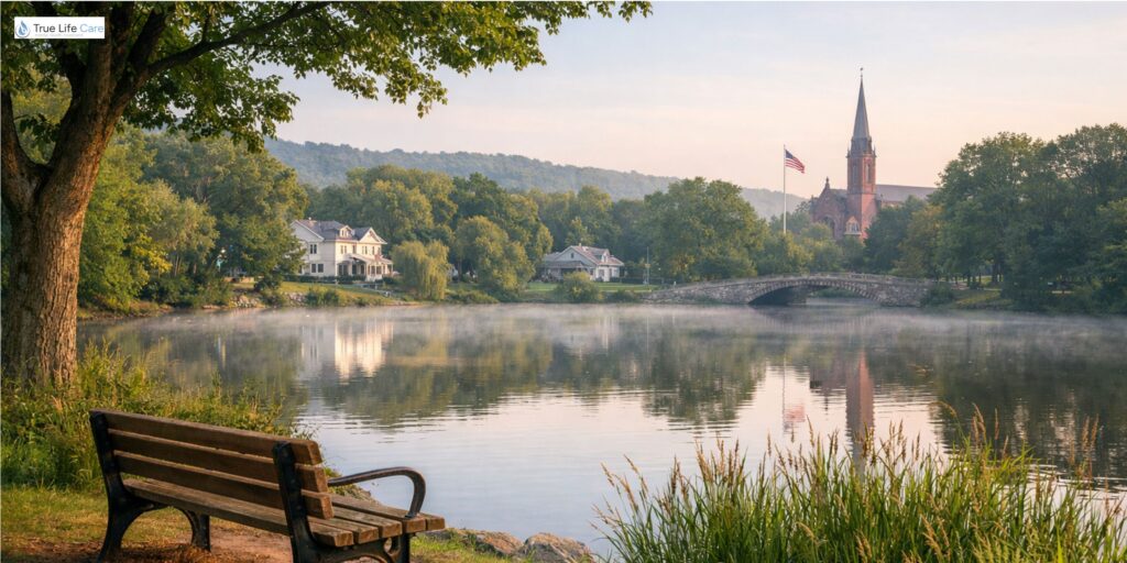 Serene lake view with church backdrop