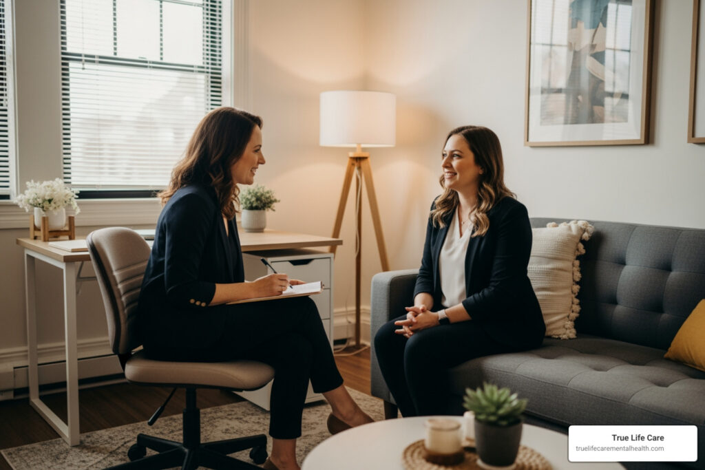 A clinical consultation between a therapist and a patient in a warm office setting