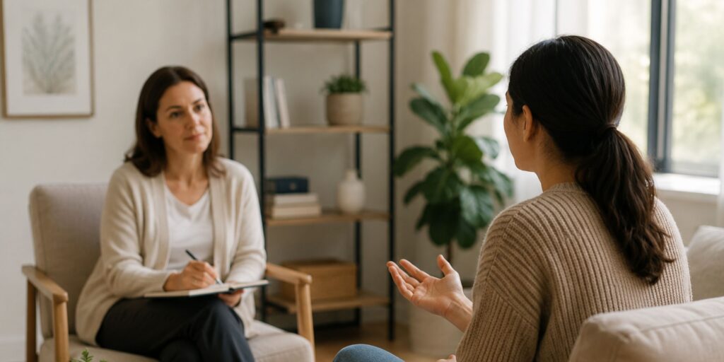 Professional counseling session during Anxiety Therapy in a calm and welcoming therapy office.