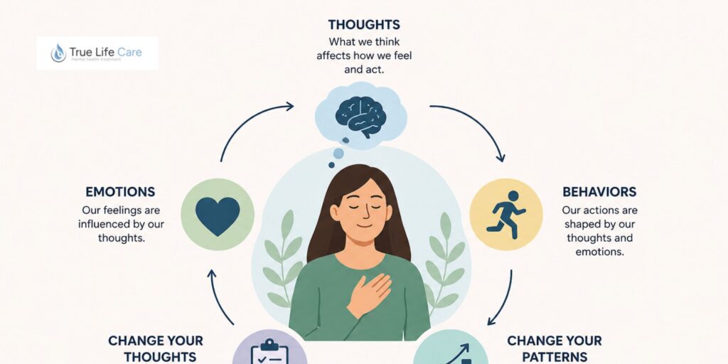 Anxiety therapy illustration showing the connection between thoughts, emotions, and behaviors, with CBT techniques used to manage anxiety and promote emotional well-being.